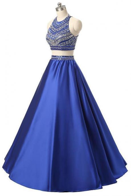 Elegant High Neck Beading Crystal Prom Dresses Long Satin A Line Two Pieces Evening Gowns,p2156