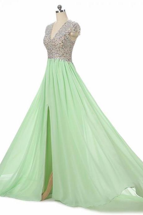 Cap Sleeves Crystal Long Chiffon Prom Dresses With Sexy Split,p2159