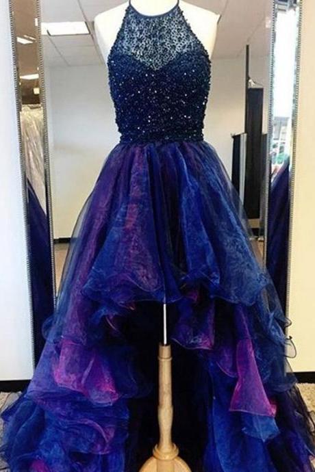 High Low Prom Dress Beading Blue and Fuchsia Two Tunes Evening Outfits 2018,P2167