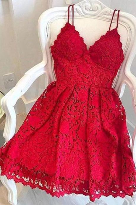 Red lace v neck short prom dress, homecoming dress,H2180