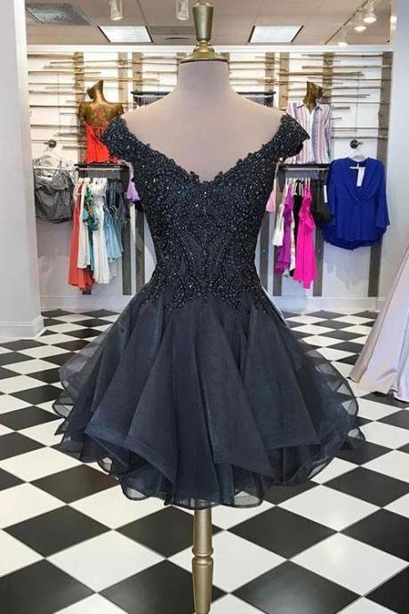 Cute black v neck short prom dress, homecoming dress,H2185