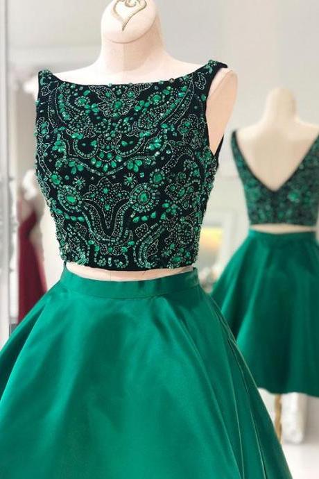 Cute green two pieces short prom dress, homecoming dress,Satin Prom Dresses,H2186