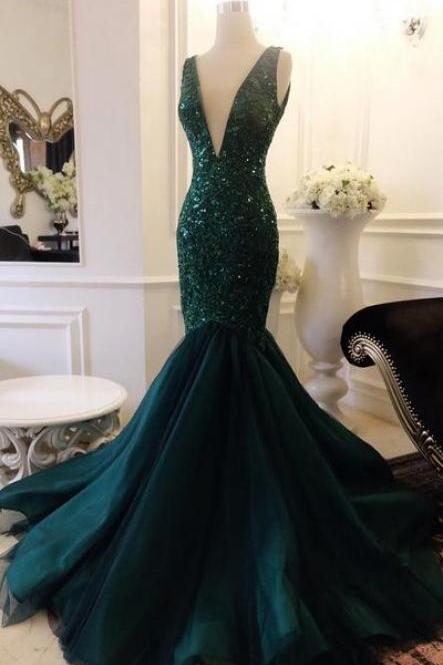 V Neck Mermaid Prom Dress With Sequin Appliques Lace Evening Dress,evening Dress,p2189