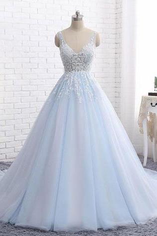 Elegant A-line V-neck Blue Tulle Long Prom/evening Dress With Appliques,p2191
