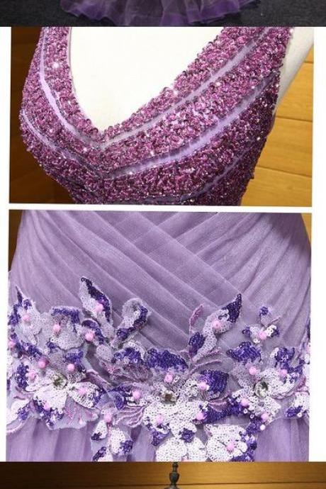 2018 Prom Dress V-neck Floor-length Beading Lavender Long Prom Dress/evening Dress ,p2195