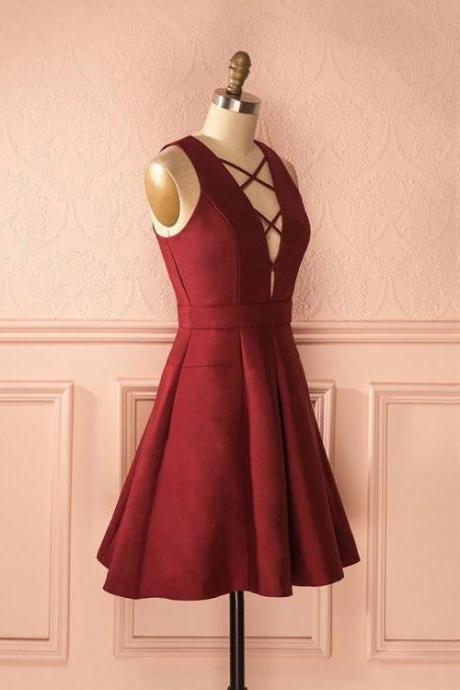 A-Line V-Neck Sleeveless Lace-Up Short Burgundy Satin Homecoming Dress,H2218