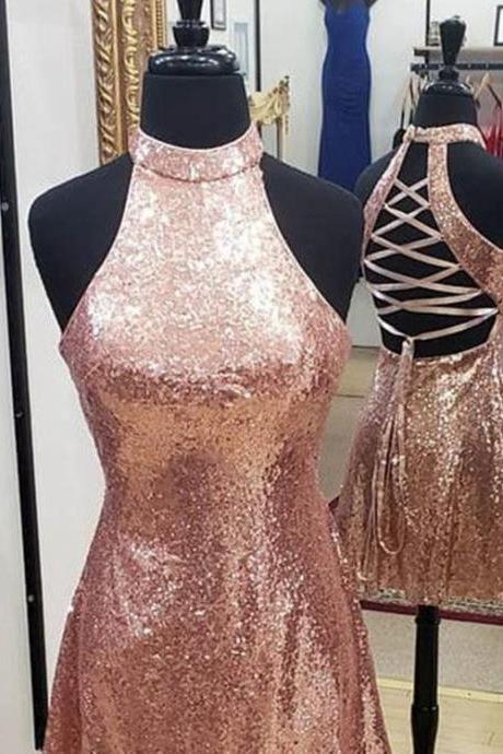 Sparkly Rose Gold Sequins Prom Dresses Halter Sexy Short Homecoming Dress Cross Straps Back,h2232