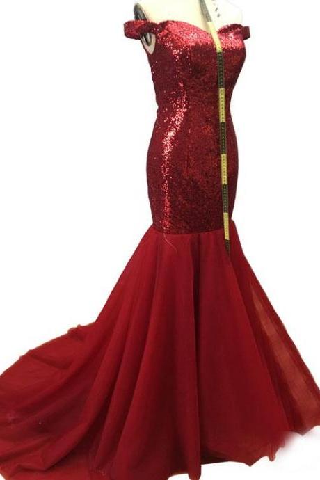 Off The Shoulder Mermaid Evening Dresses 2018 Sparkly Red Sequined Prom Party Gowns Tulle Ruffles,p2237