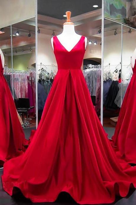 2018 Popular Red Satin Prom Dresses V-neckline Pageant Dress Long Prom Gowns Evening Dresses,p2240
