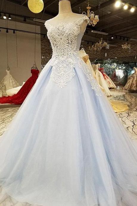 Light Sky Blue Prom Dresses 2018 Sheer Scoop Prom Party Gowns with Sequins Beadings,P2250