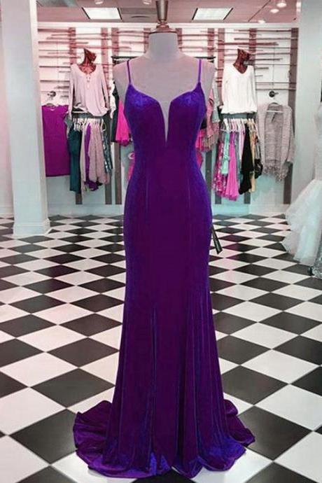 Sexy Purple Mermaid Prom Dresses With Spaghetti Straps Long Velvet Evening Party Gowns,p2255