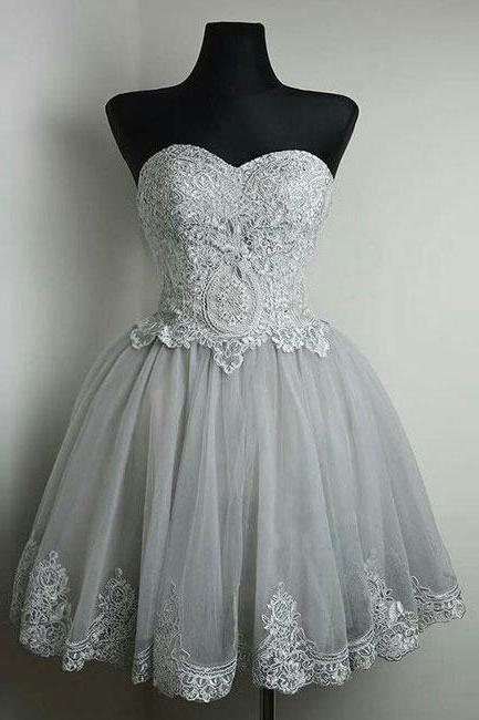 A Line Strapless Sweetheart Homecoming Dresses, Grey Lace up Homecoming Dresses,Lace Appliqued Short Prom Dresses,Homecoming Dresses,H2257