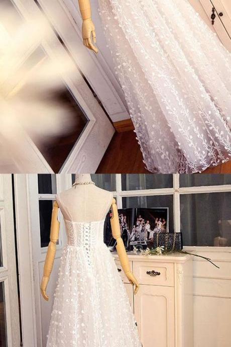 Fashion A Line Spaghetti Straps White Long Prom Dress With Lace,p2266