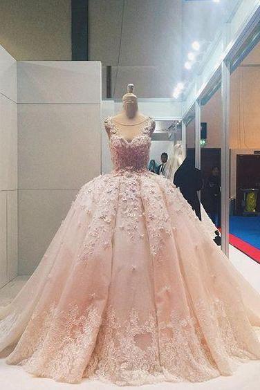 Pink Lace Applique Beads Ball Gown Quinceanera Dress Wedding Dress,W2296