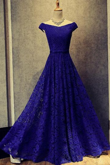 Royal Blue A Line Off Shoulder Lace Long Prom Dresses Evening Dresses,P2311