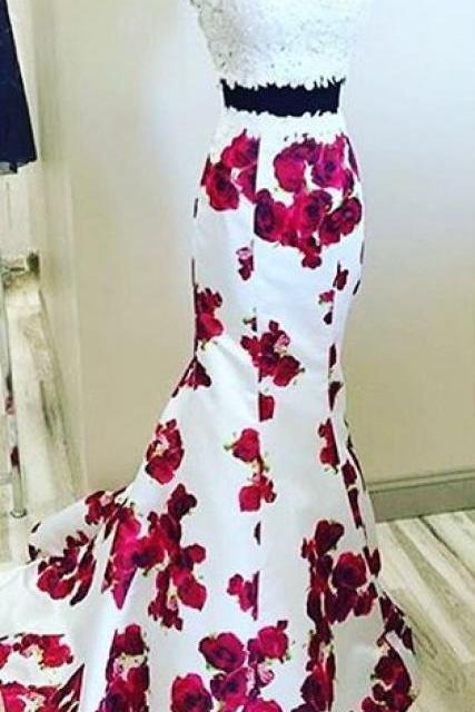 Floral Evening Dress, 2 Piece Prom Dresses, Mermaid Evening Dress, Lace Evening Dress, Sleeveless Evening Dress, Printed Evening Gown, Long