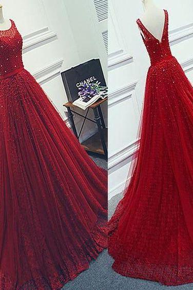Red Beading Sparkly Unique Ball Gown Round Neck Formal Elegant Long Prom Dresses,P2341
