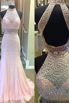 High Neck Halter Pearl Beaded Evening Dress,Formal Dress,Lace Evening Dresses,Wedding Guest Prom Gowns,P2367