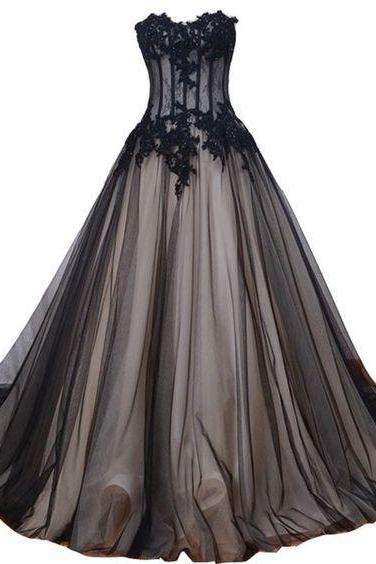 Long Black And Champagne Lace Gothic Prom Wedding Dresses,p2370