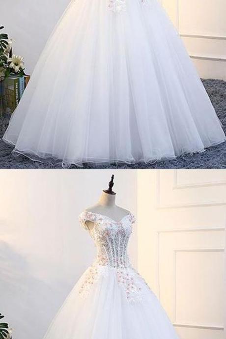 2018 New Evening Gowns White tulle off shoulder prom gown wedding dress with cap sleeves,W2384