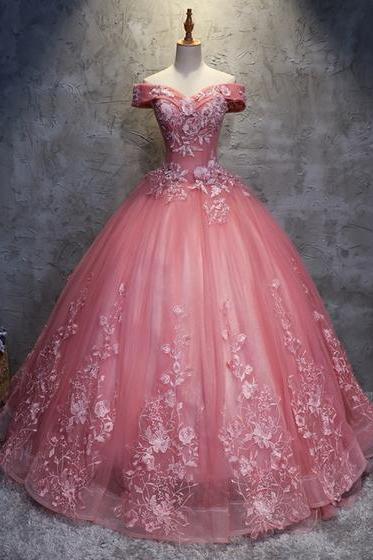 2018 Off Shoulder Pink Tulle Long Handmade Evening Dress, Long Ball Gown,p2391
