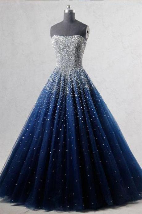 A-line Blue Sweetheart Sequin Spaghetti Straps Tulle Long Lace Up Prom Dresses,p2417