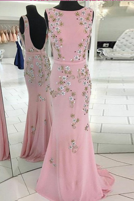 Mermaid Round Neck Backless Pink Long Prom Dress With Beading,p2437