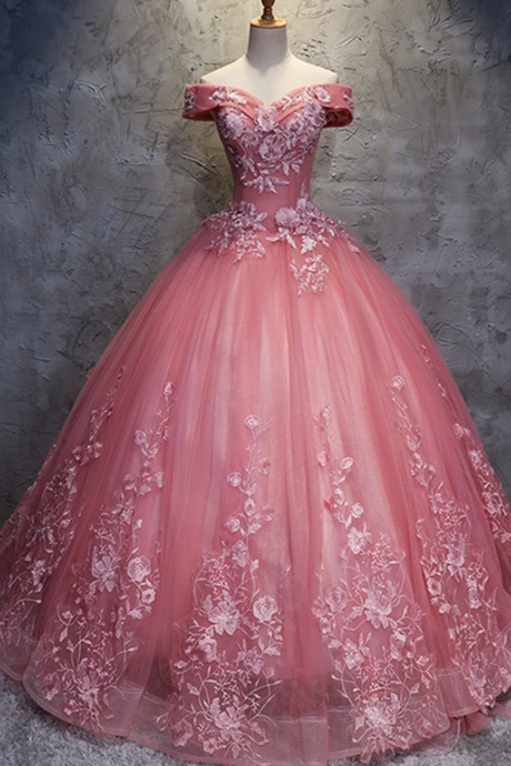 Ball Gown Off-the-Shoulder Floor-Length Pink Wedding Dress with Appliques,W2450