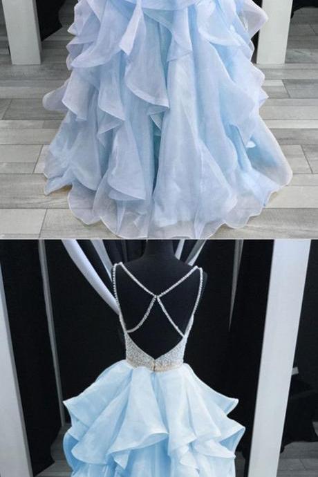 Charming Light Blue Layered Long Prom Dress,luxury Bead Party Dress,spaghetti Straps Cross Back Prom Homecoming Dress,h2467