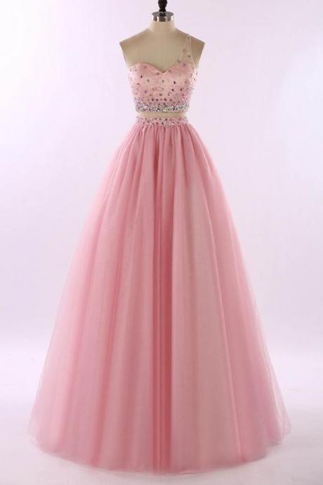 Two Pieces One Shoulder Crystals Prom Dresses,a Line Evening Dresses,p2482