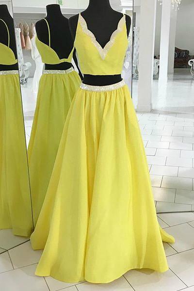 Yellow Two Pieces V Neck Prom Dresses,a Line Satin Evening Dresses,p2483