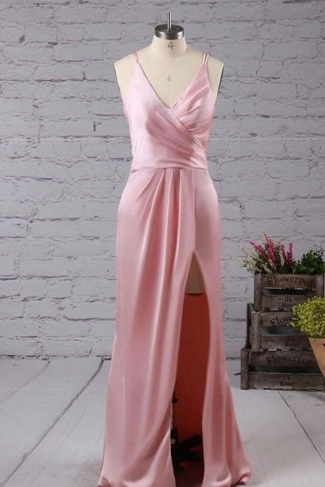 Pink V Neck Sleeveless Side Slit Prom Dresses,long Evening Dresses,p2485