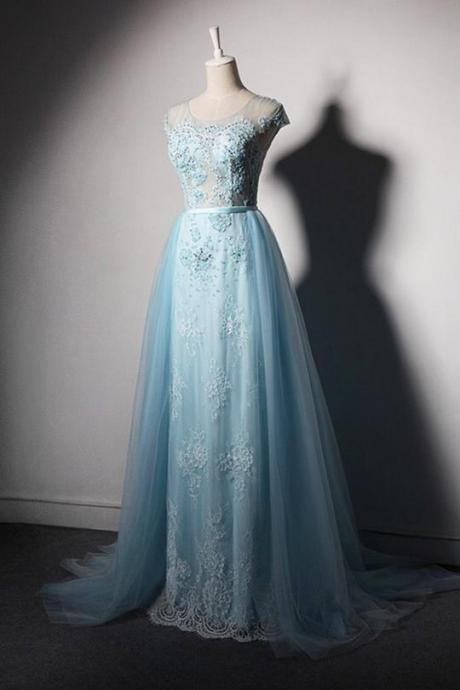 Cap Sleeves Lace Appliques A Line Prom Dresses With Removable Skirt,p2489