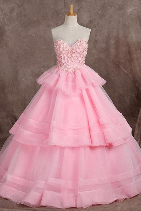 Pink Sweetheart Sleeveless Tiered Prom Dresses,appliques Evening Dress,p2490