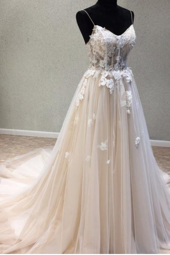 Spaghetti Straps Tulle Wedding Dress, Vintage A-line Backless Apllique Wedding Dress,w2557