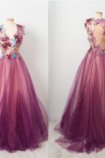 Charming Applique A-line Prom Dress, Honeast Tulle Prom Dress,p2558