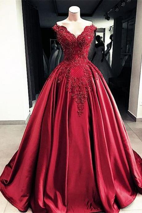 Lace Embroidery Beaded V-neck Satin Ball Gown Prom Dress,p2562