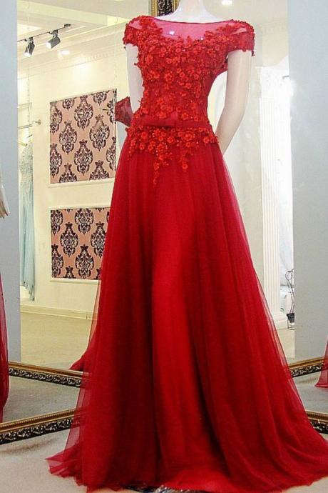 Red Prom Dress with Cap Sleeves, Prom Dresses,Graduation Party Dresses, Prom Dresses For Teens,P2564