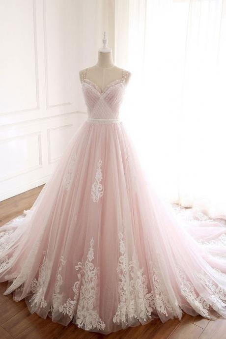 Pink Sweetheart Neck Tulle Long Prom Dress, Lace Tulle Evening Dress,p2615