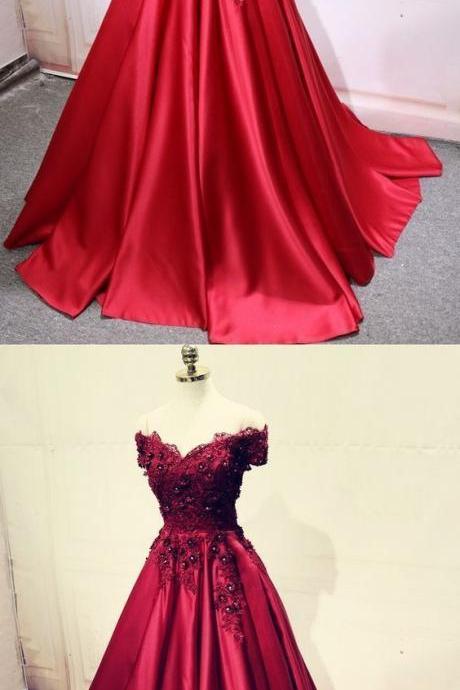 A-line Off-the-shoulder Pleated Burgundy Satin Prom Dress With Appliques,p2690