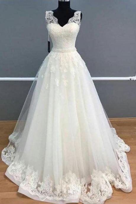 Charming Tulle Appliques Lace Bridal Dress, Elegant White Wedding Dress,w2782