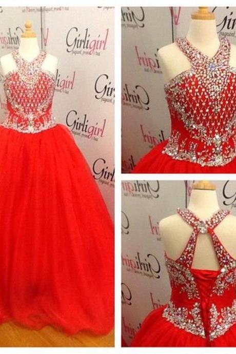 2016 Red Little Girls Pageant Dresses With Beaded Crystals Halter Floor Length Flower Girl Dresses With Corset Back,P2791
