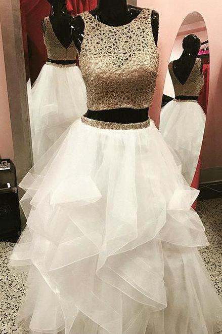 Gold White Ball Gowns Two Piece Tulle Backless Prom Dress,p2798