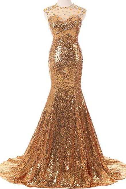 Sexy Gold Mermaid Sequins With Crystal Prom Dress,p2808