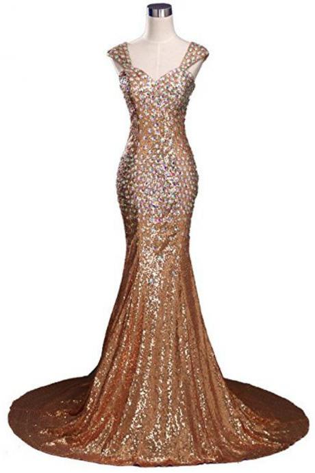 Sexy Mermaid V-neck Sequins Crystal Floor Length Prom Dress,p2809