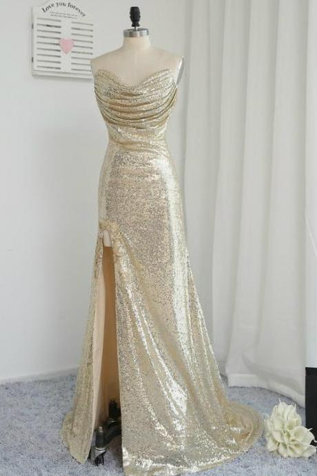 Fitted Light Gold Sexy High Split Prom Dresses 2017 Mermaid Sweetheart,p2813