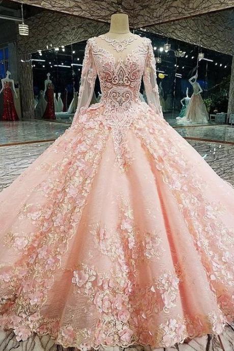 Long Sleeve Appliques Tulle Quinceanera Dresses With Flower, Elegant Beaded Ball Gown Prom Dresses, Formal Evening Dress,p2857