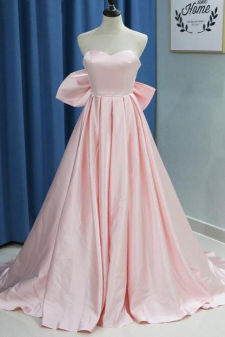 2019 Pink Satin Sweetheart Long A Line Prom Dress, Party Dress With Bowknot,p2893