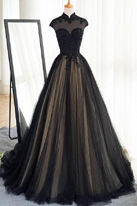 Black Tulle Cap Sleeves Floor-length Long Prom Dresses,luxury Dresses,p2897