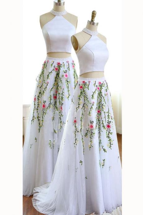 Unique White Jewel Sleeveless A-line Tulle Two Pieces Prom Dress with Flowers for Teens,P2917